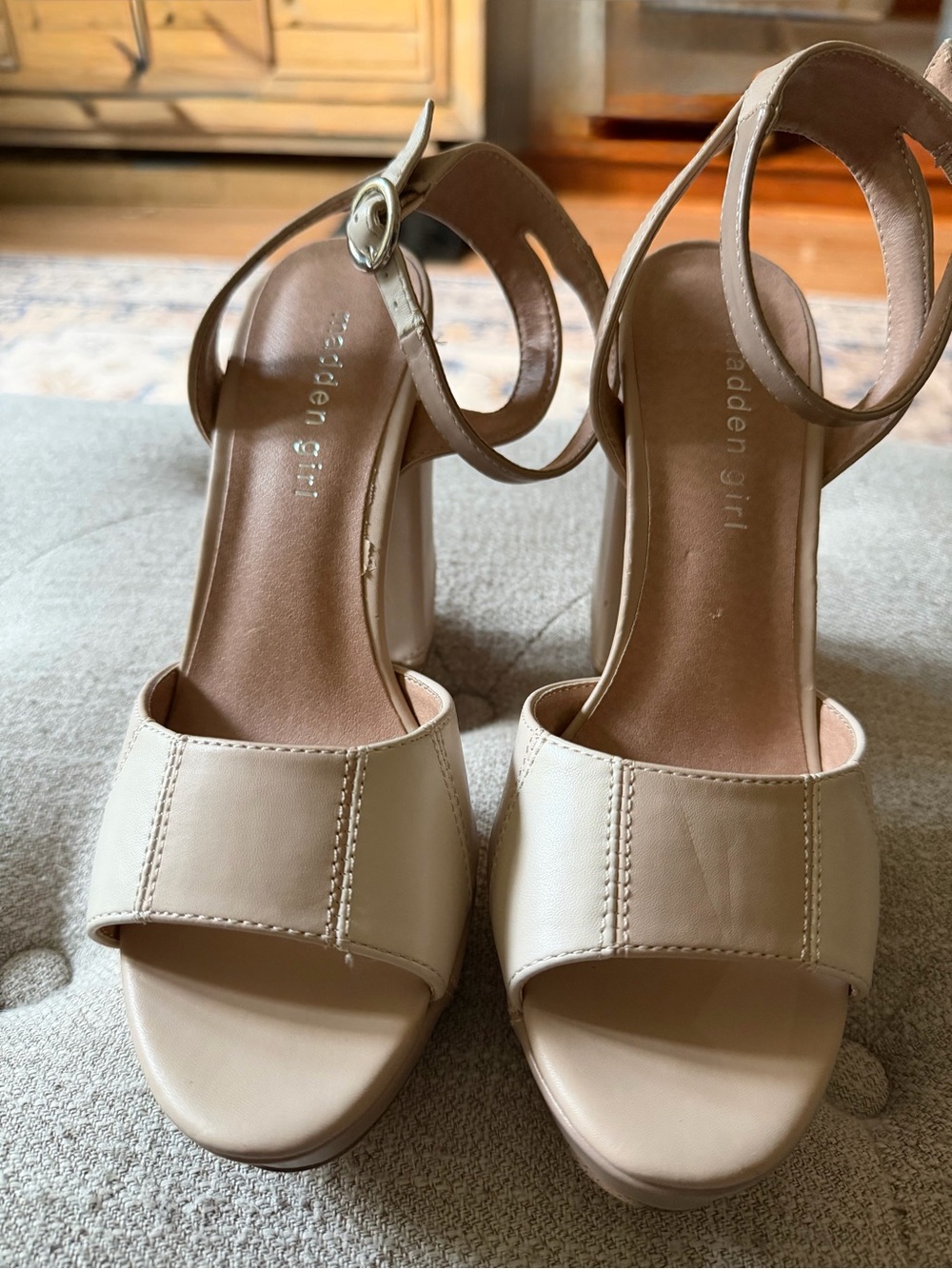 Madden Girl Beige Ankle-Strap Block Heel Sandals